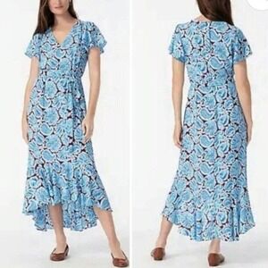 J.Crew‎ Blue Paisley Leaf High Low hem Maxi Dress Flutter sleeve Womens 12